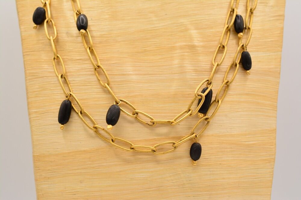Barbara Boz Necklace Brushed Gold Chain Wood Beaded Chunky Linked Signed BinI